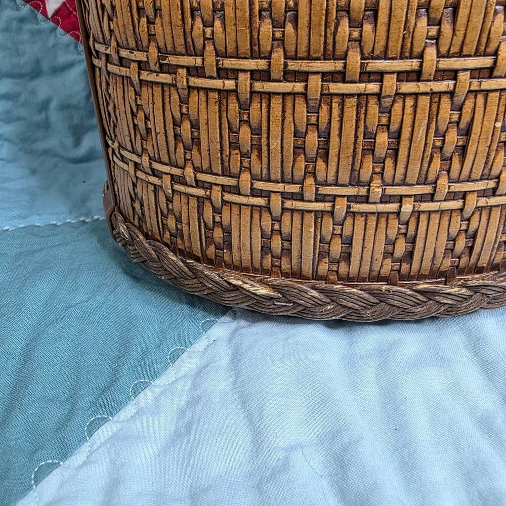 Vintage Faux Woven Wicker Metal Wastebasket Brown Trash Can Mid Century Decor